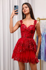 Red Sparkly Corset Tiered Lace A-Line Homecoming Dress