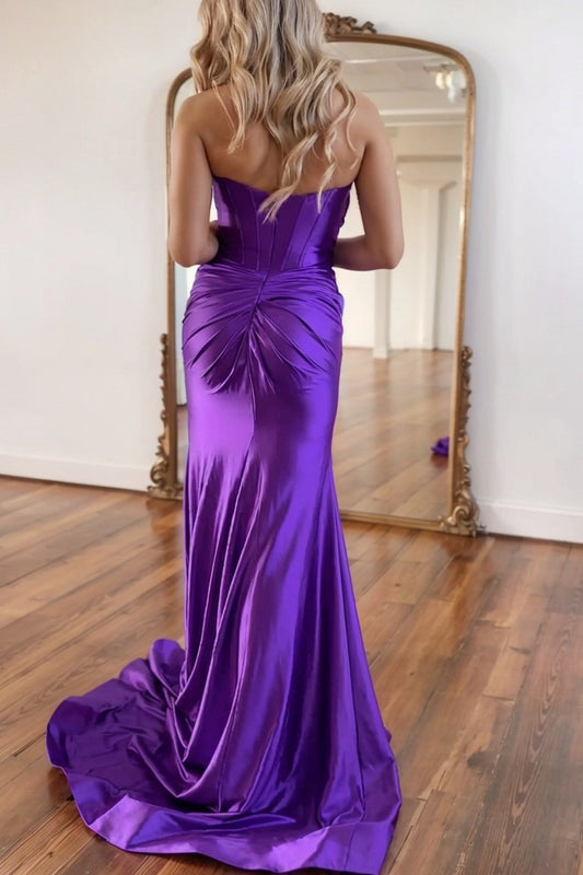 Purple Strapless Corset Prom Dress Cut Out Satin Evening Dress