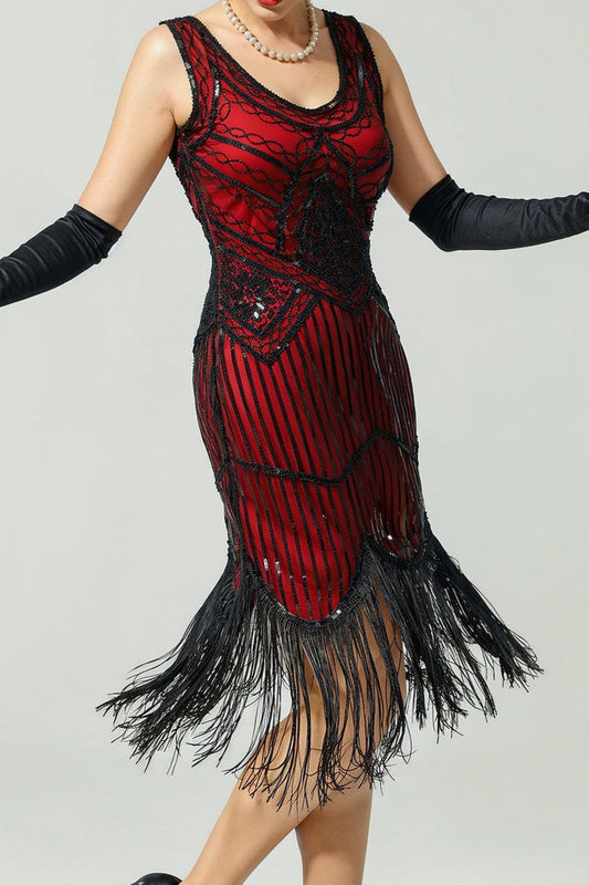 Red and Black Deep V-Neck Flapper Dress