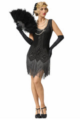 Black Sequin 1920s Dress Scoop Neck Fringe Flapper Dress