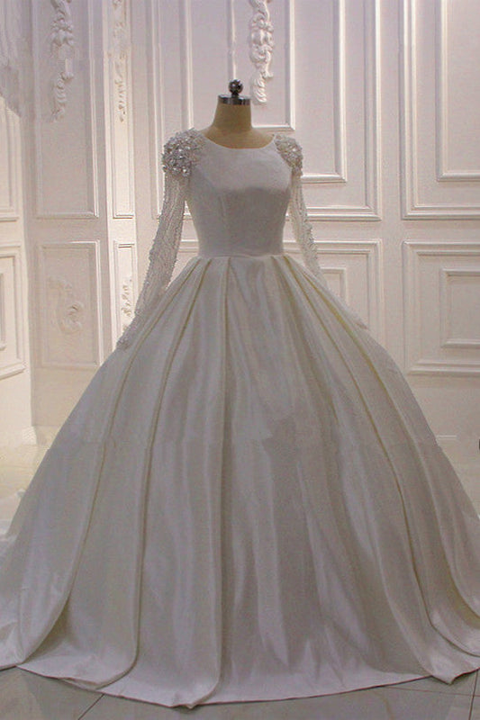 Ivory Wedding Dress Long Sleeves Jewel Neck Ball Gown Bridal Dress