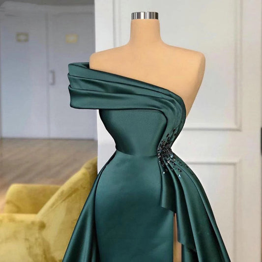 Long Dark Green Satin Prom Dress Elegant Split Evening Gowns