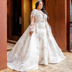 Ivory Long Sleeves Wedding Dress Mermaid Bridal Dress With Panel Train