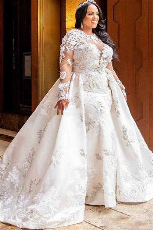 Ivory Long Sleeves Wedding Dress Mermaid Bridal Dress With Panel Train