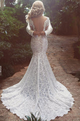 Ivory Long Sleeves Mermaid Lace Wedding Dress Open Back V Neck Bridal Gown