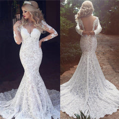 Ivory Long Sleeves Mermaid Lace Wedding Dress Open Back V Neck Bridal Gown