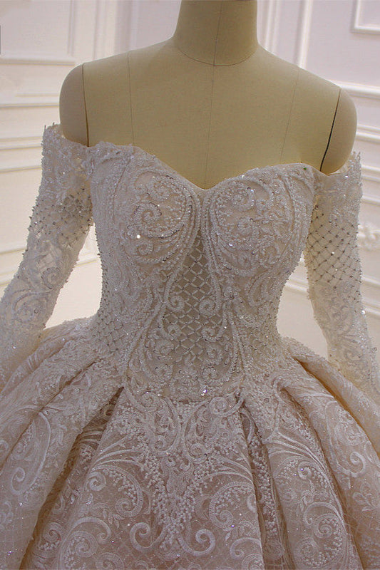 Long Sleeves Ball Gown Off The Shoulder Sequins Wedding Dress