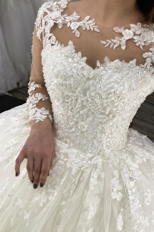 Long Sleeves Lace Appliques Tulle Wedding Gown White A Line Bridal Gown