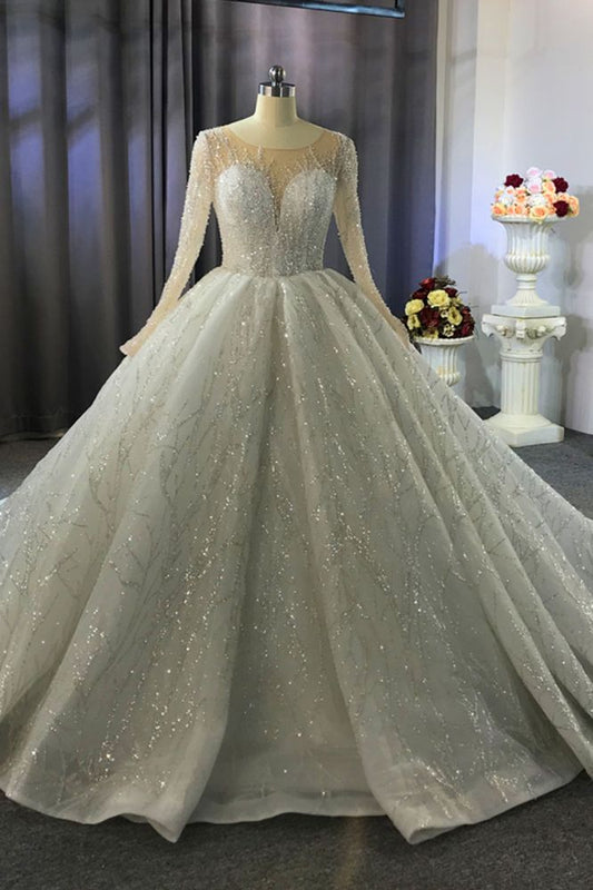 Luxurious Ball Gown Long Sleeves Beaded Sequin Wedding Dress