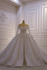 Luxurious Ball Gown Long Sleevesss 3D Lace Sweetheart Long Wedding Dress