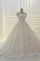 Luxurious Ball Gown Long Sleeves Lace Applqiues Beaded Wedding Dress