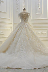 Luxurious Ball Gown Long Sleeves Lace Applqiues Beaded Wedding Dress