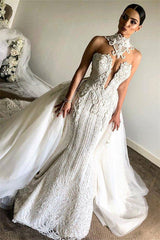 Ivory High Neck Wedding Dress Mermaid Tulle Bridal Dress With Panel Train