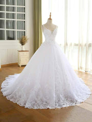 Lace Beaded Wedding Dress V Neck Ball Gown Tulle Bridal Dress