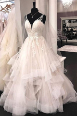 Ivory Wedding Dress V Neck A Line Tulle Bridal Dress with Lace Appliques