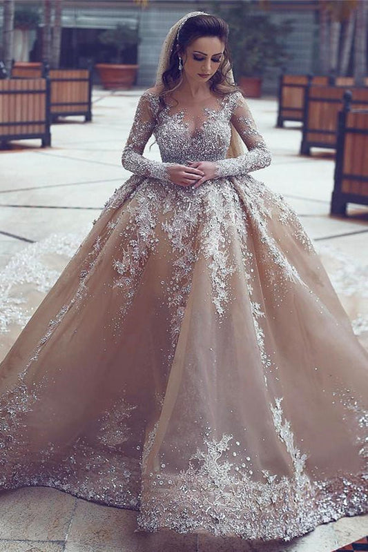 Luxurious Long Sleeves Beaded Ball Gown Appliques Wedding Dress