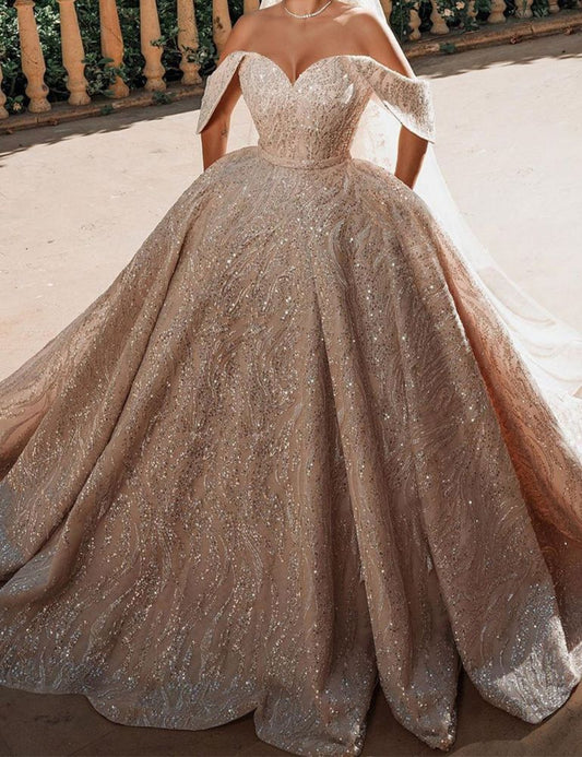 Luxurious Off The Shoulder Sequins Ball Gowns For Women A Line Satin Wedding Dress