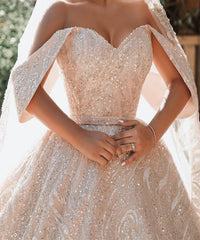 Luxurious Off The Shoulder Sequins Ball Gowns For Women A Line Satin Wedding Dress