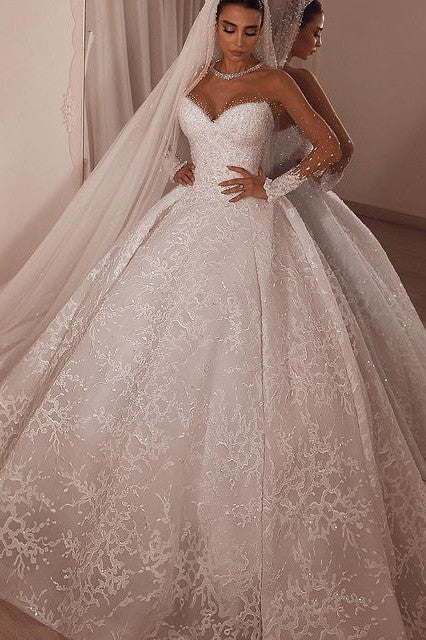 Luxurious Sparkly Beaded Ball Gown Tulle Lace Illusion Neck Wedding Dress