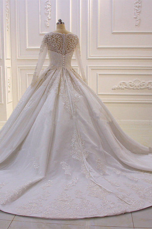 Luxurious White Wedding Dress Long Sleeves Appliques Beaded Ball Gown Bridal Dress