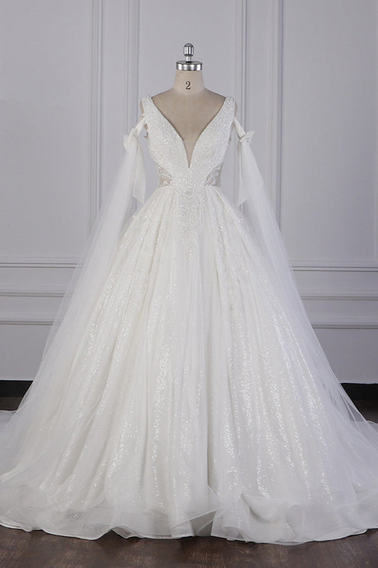 Luxury V Neck Wedding Dress A Line Tulle Sequined Bridal Dress