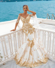 Mermaid Wedding Dress Gold Appliques Half Sleeve Cape