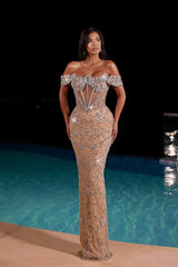 Champagne Formal Dress Off the Shoulder Tulle Corset Prom Dress with Rhinestones