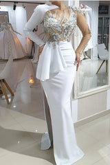 Mermaid One Shoulder High Split White Illusion Neck Wedding Dress