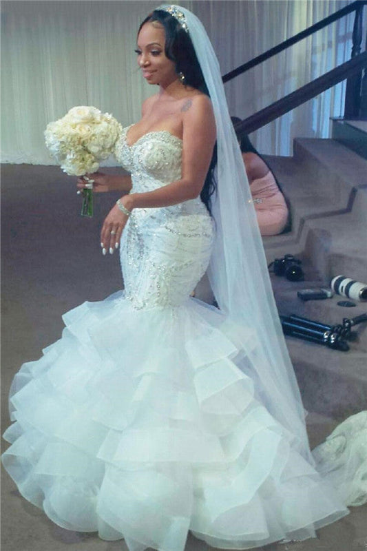 Ivory Mermaid Wedding Dress Sweetheart Organza Beaded Appliques Ruffled Bridal Dress