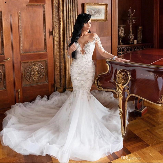 Ivory Wedding Dress Mermaid Long Sleeves Tulle Applique Bridal Dress