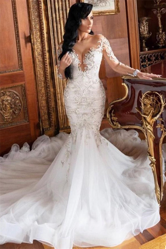 Ivory Wedding Dress Mermaid Long Sleeves Tulle Applique Bridal Dress