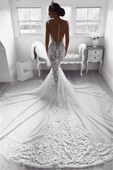 Ivory Mermaid Wedding Dress Tulle Appliques Bridal Dress