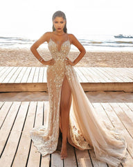 Champagne Beach Wedding Dress Tulle Appliques Spaghetti Straps Bridal Dress