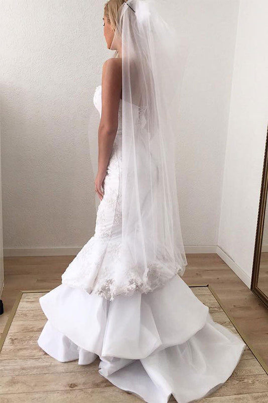 Sweetheart White Lace Appliques Mermaid Ruffled Long Wedding Dress