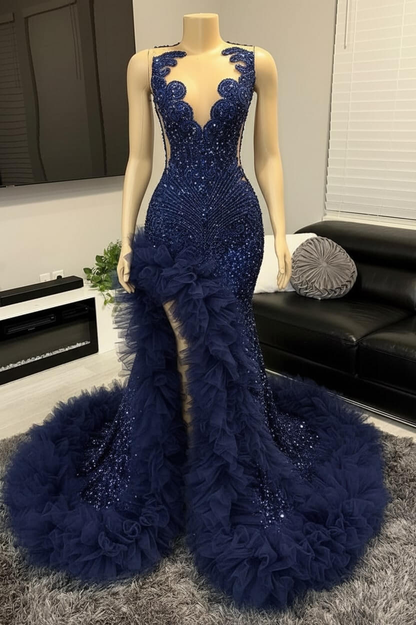 Mermaid Beaded Prom Dress Tulle Ruffles Sequined Formal Dress