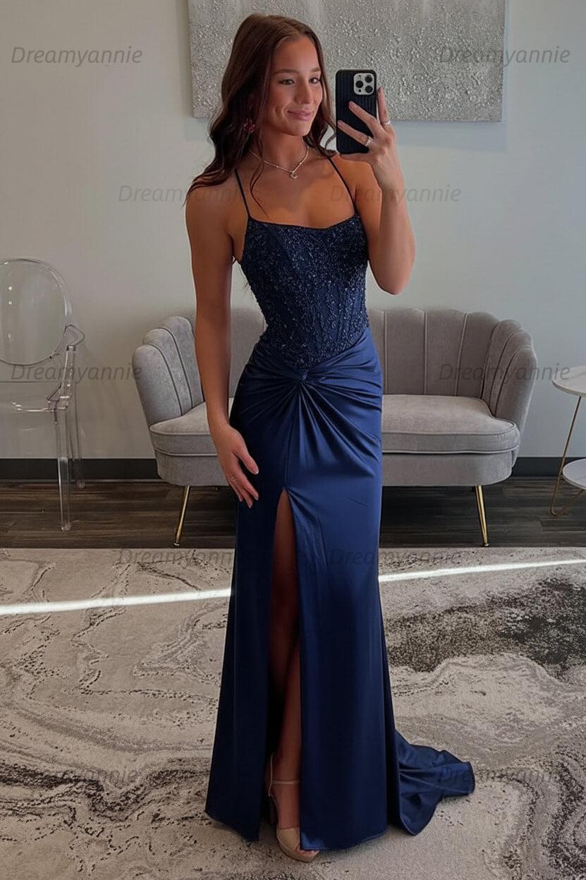 Dreamyannie Red Prom Dress Spaghetti Straps Ruhed Long Lace Formal Dress With Appliques