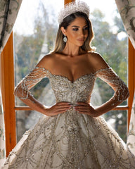 Ivory Wedding Dress Sequined Off the Shoulder Long Sleeves Ball Gown Bridal Dress