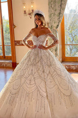 Ivory Wedding Dress Sequined Off the Shoulder Long Sleeves Ball Gown Bridal Dress