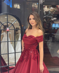 Burgundy Wedding Dress Off The Shoulder A Line Bridal Dress With Appliques