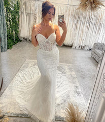 Ivory Spaghetti Straps Wedding Dress Mermaid Lace Bridal Gown