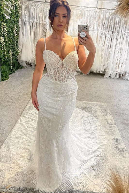 Ivory Spaghetti Straps Wedding Dress Mermaid Lace Bridal Gown