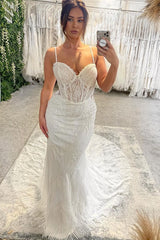 Ivory Spaghetti Straps Wedding Dress Mermaid Lace Bridal Gown