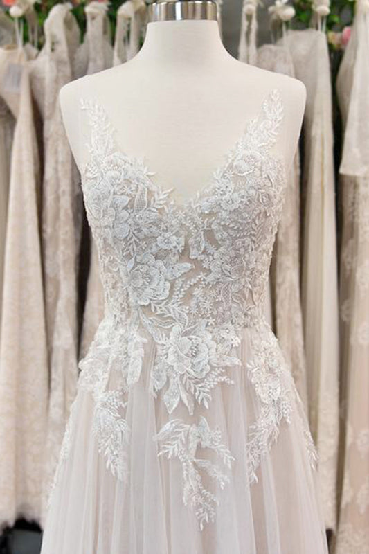 Ivory V Neck Wedding Dress A Line Sleeveless Lace Bridal Dress