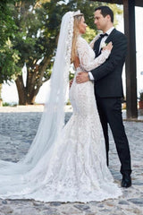 Ivory Wedding Dress V Neck Mermaid Lace Long Sleeves Lace Bridal Dress