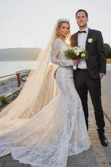 Ivory Wedding Dress V Neck Mermaid Lace Long Sleeves Lace Bridal Dress