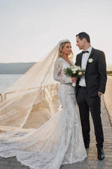 Ivory Wedding Dress V Neck Mermaid Lace Long Sleeves Lace Bridal Dress