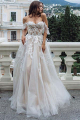 Off The Shoulder Appliques Wedding Dress A Line Tulle Bridal Dress