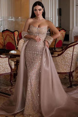 Strapless Formal Dress Beaded Tulle Organza Prom Dress with Panel Train
