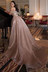 Strapless Formal Dress Beaded Tulle Organza Prom Dress with Panel Train