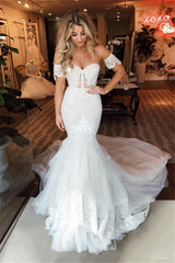 Off The Shoulder Tulle Wedding Dress Mermaid Appliques Bridal Dress